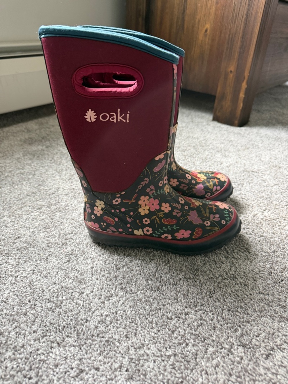 Oaki Kids Floral Rain Boots in Burgundy and Teal
